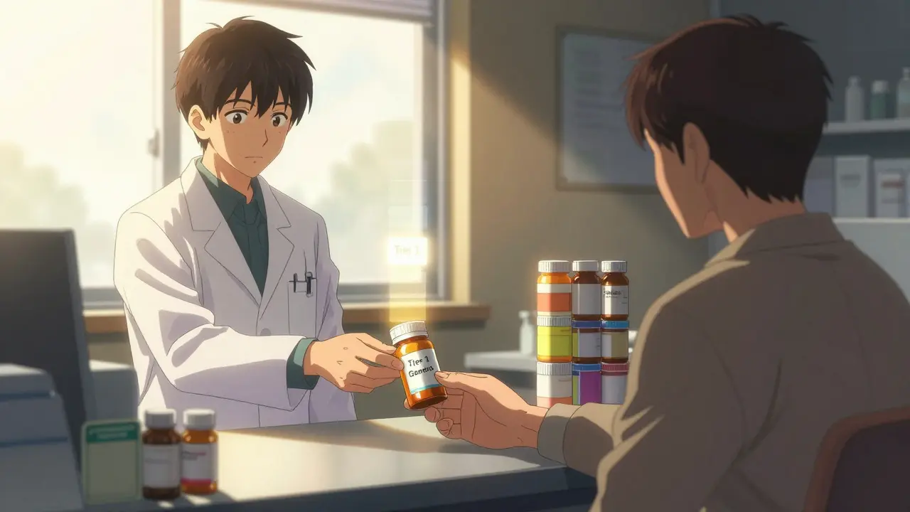 A pharmacist hands a patient a Tier 1 generic pill bottle as warm light shines behind them.