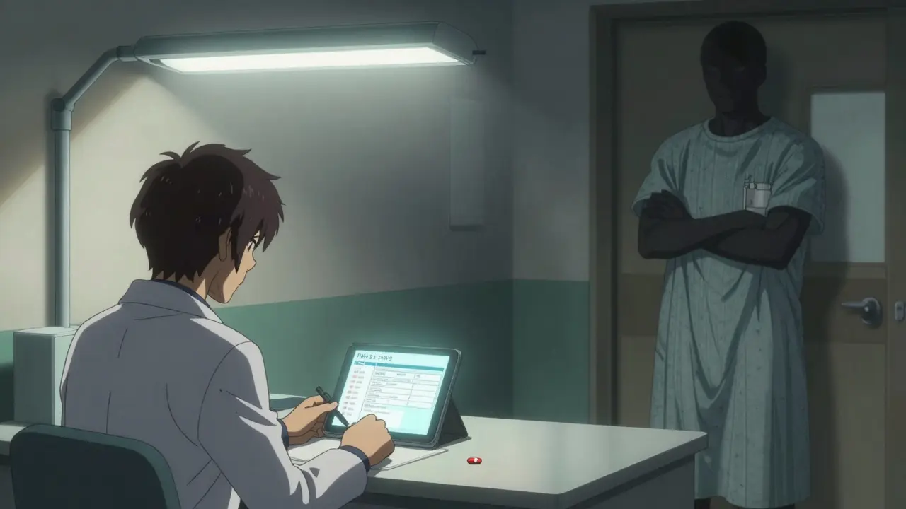 A pharmacist reviews a depression screen with a patient in a hospital hallway, capturing emotional tension and unspoken struggle.