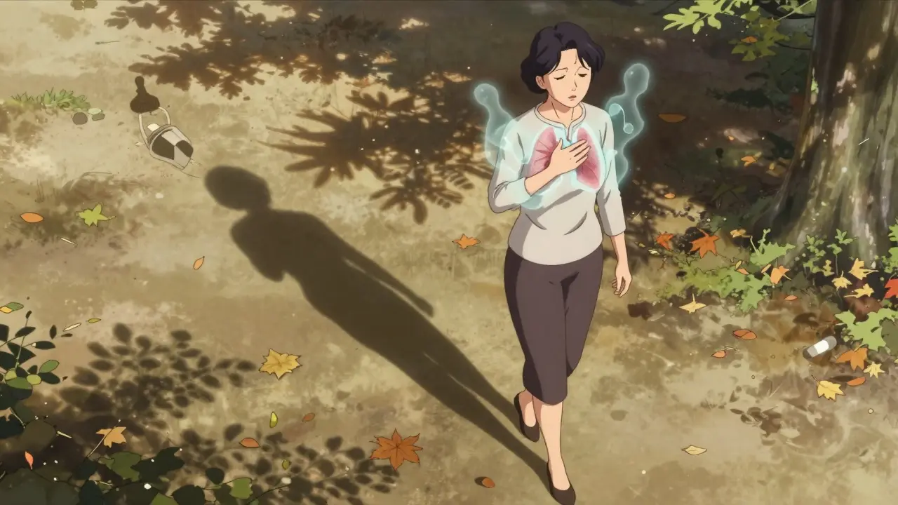 A woman walks in a park, translucent inflammation markers hover near her chest, conveying silent symptoms of drug-induced lupus.