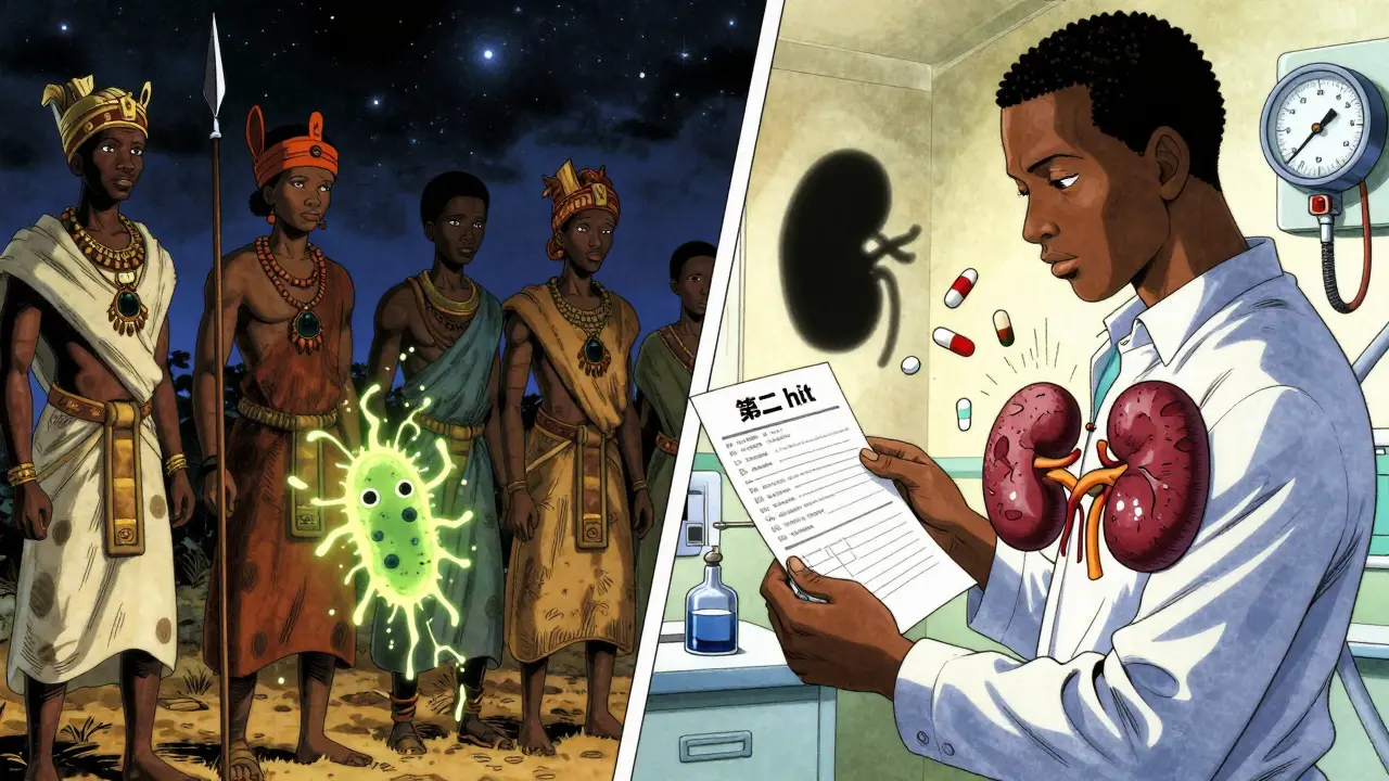 Ancient African ancestor defeating parasite on one side, modern man holding kidney test result on the other, showing evolution's double-edged legacy.