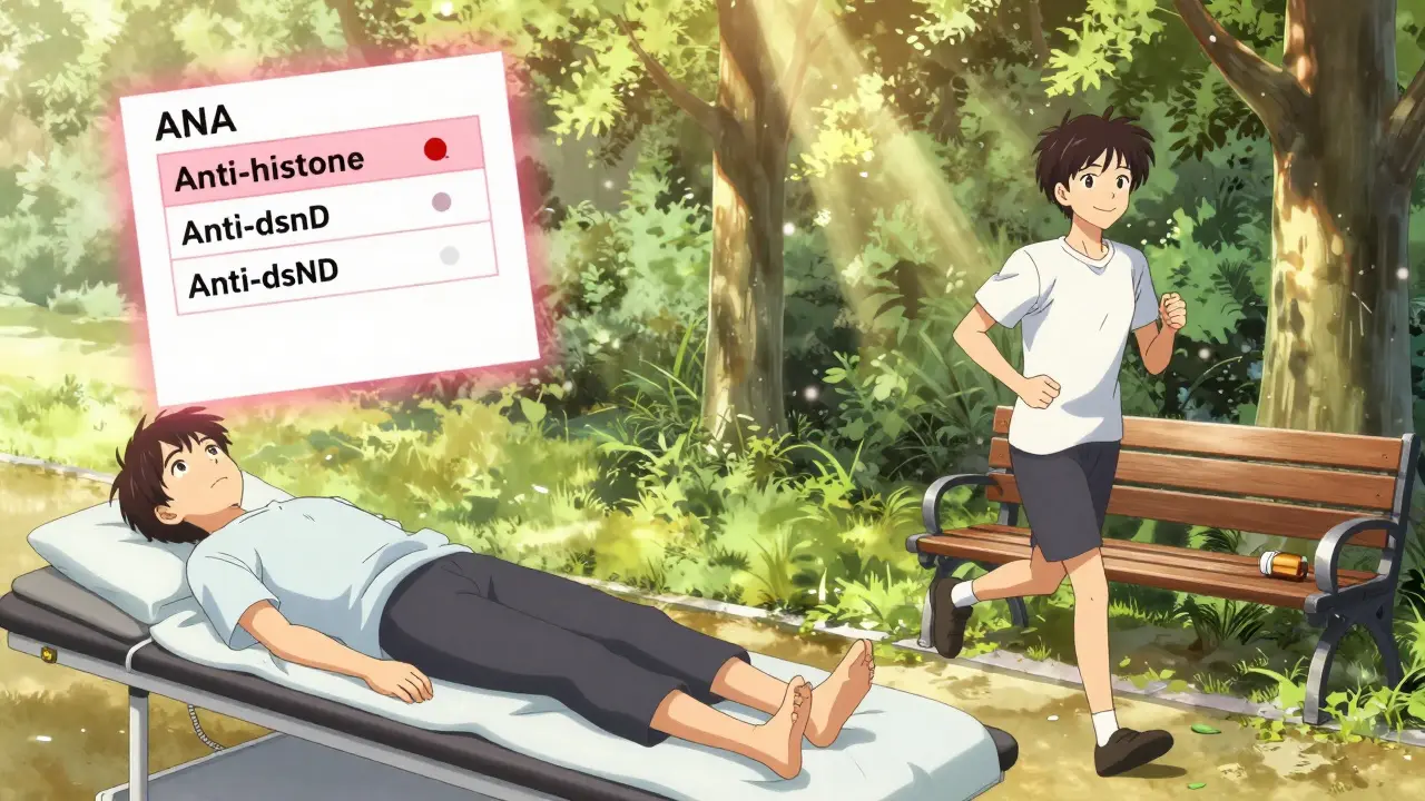 Before and after: a patient on an exam table with test results, then jogging happily six months later after recovery.