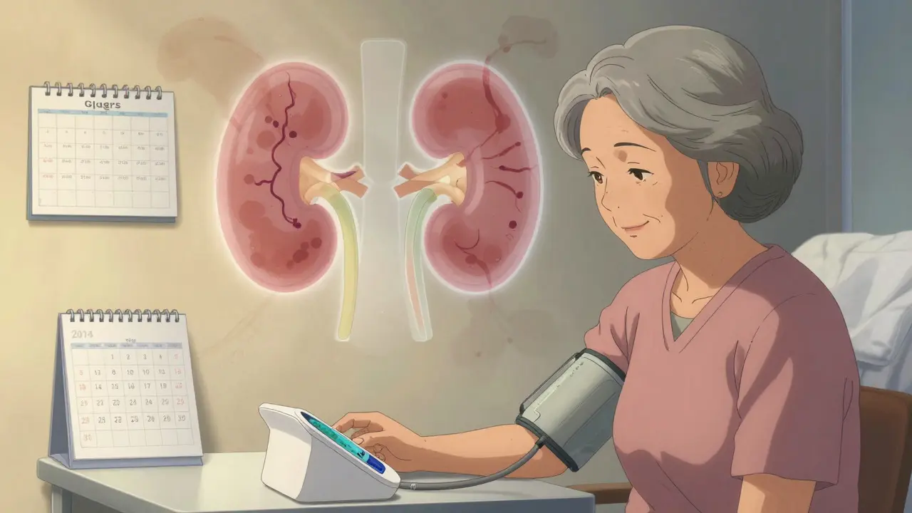 Elderly woman monitoring blood pressure with healthy kidney overlay, representing prevention through awareness and lifestyle.