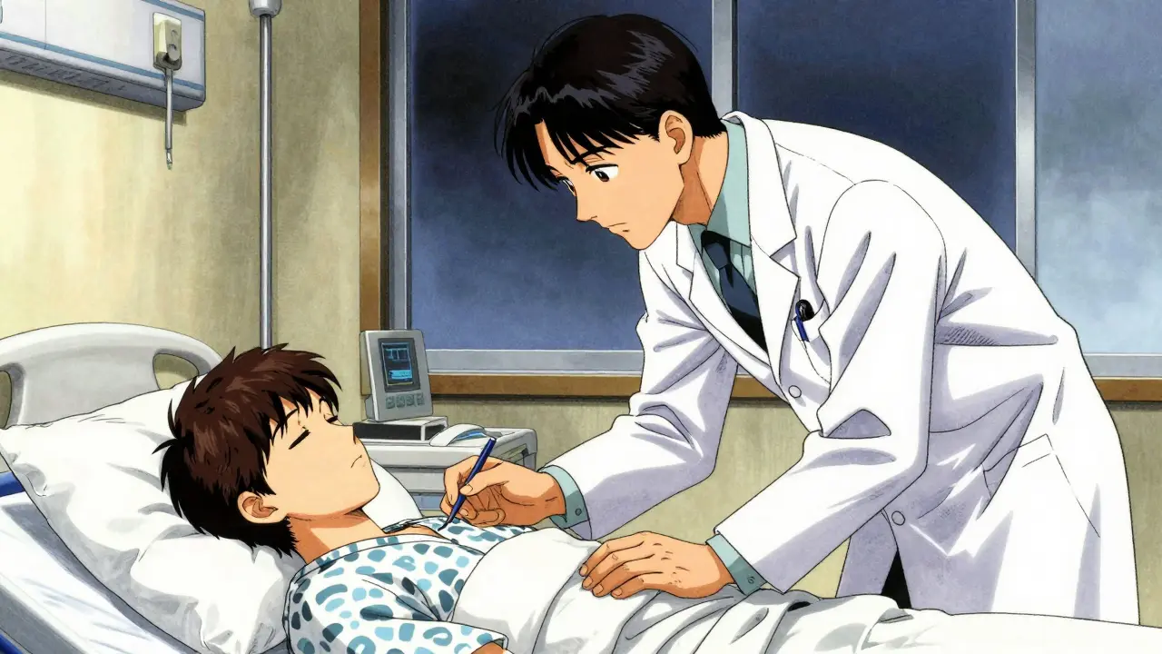Healthcare provider examining a patient lying in a hospital bed.