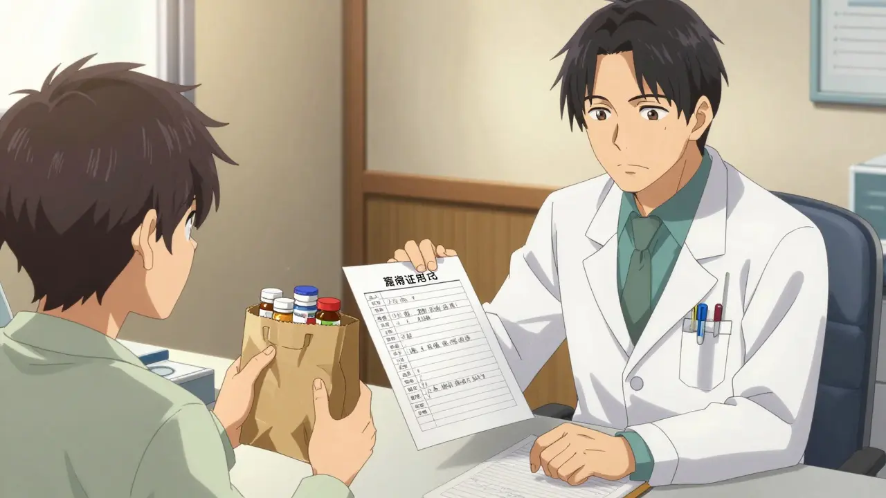 Patient and doctor reviewing medication list in a clinic.