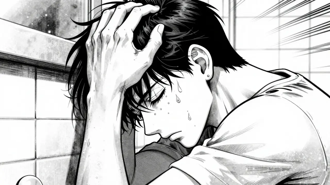 Person clutching head and leaning against bathroom wall in distress.