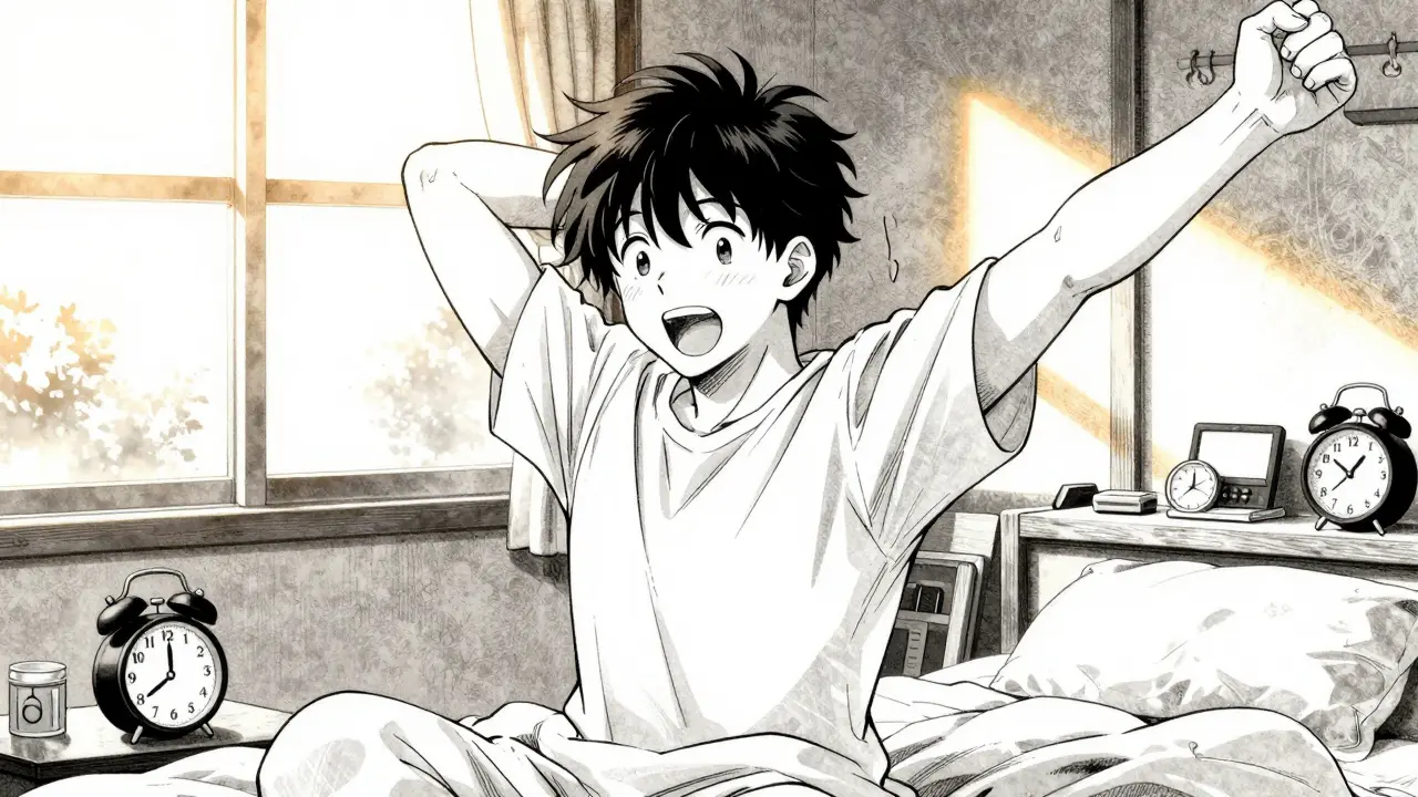 Refreshed person waking up naturally to morning sun