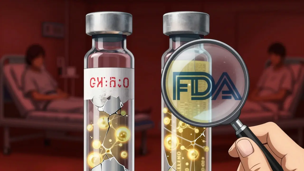 Side-by-side epinephrine injectors with one marked by FDA approval glow over its expired date.