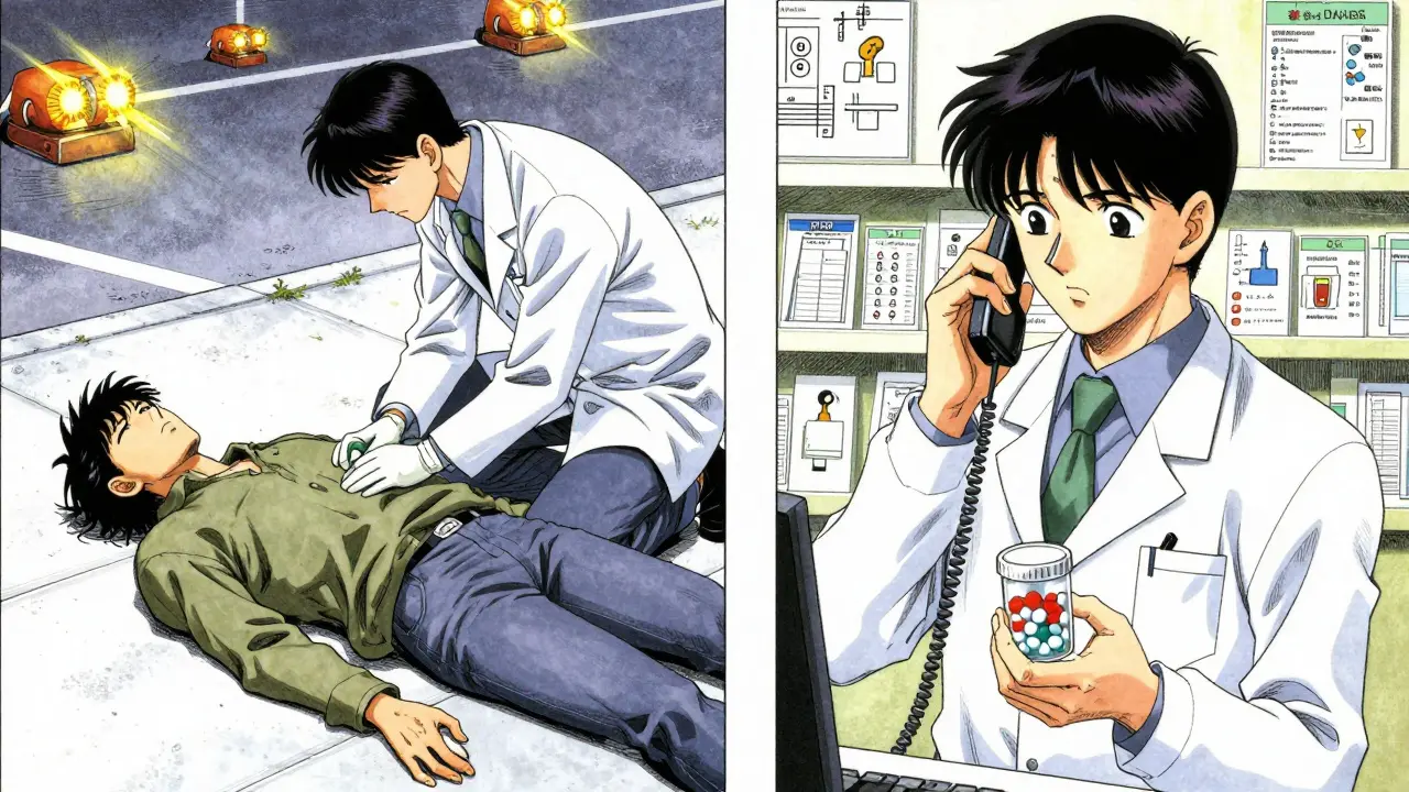 Split scene: EMTs treating overdose on one side, Poison Control expert advising on the other.