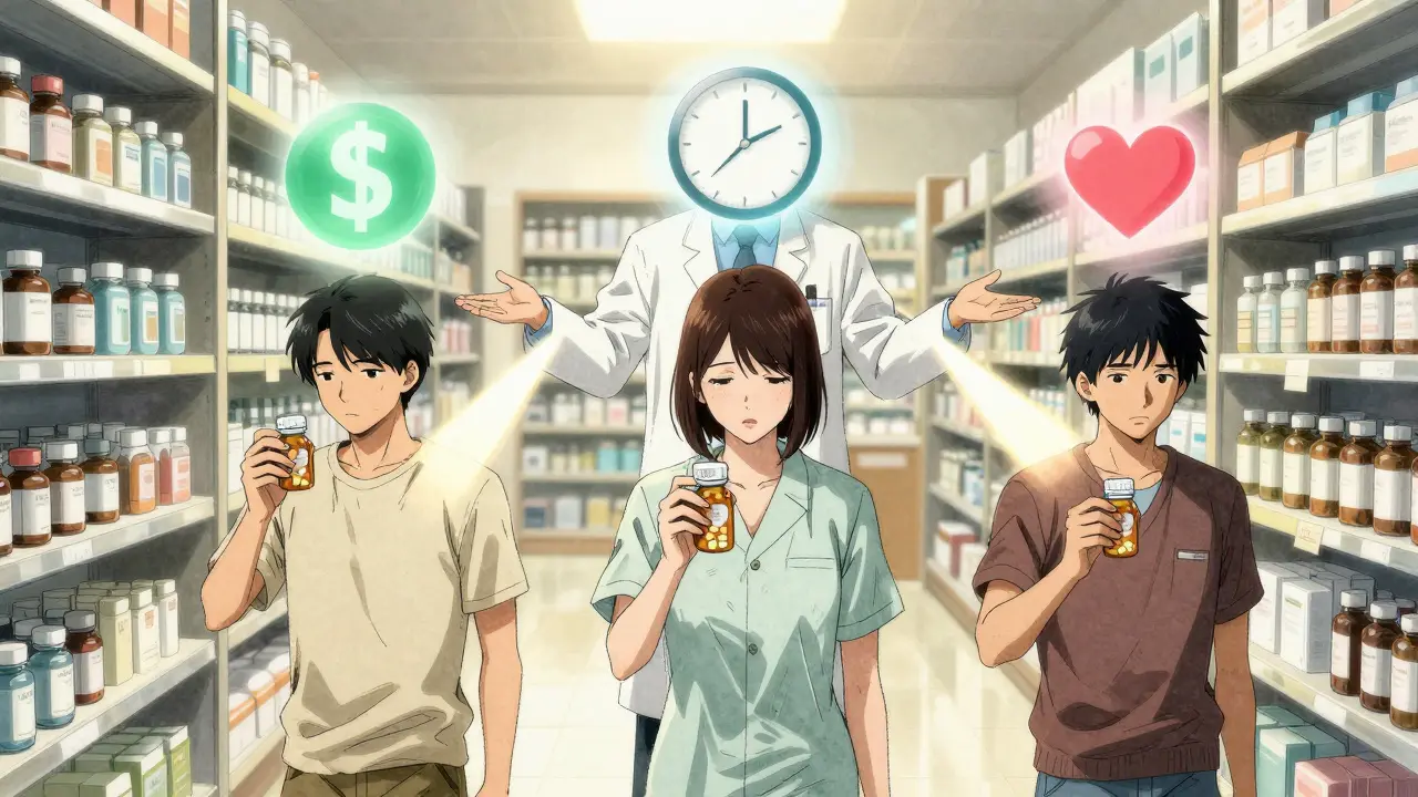 Three patients stand with pill bottles as floating icons represent cost, confusion, and depression, with a pharmacist offering quiet support.