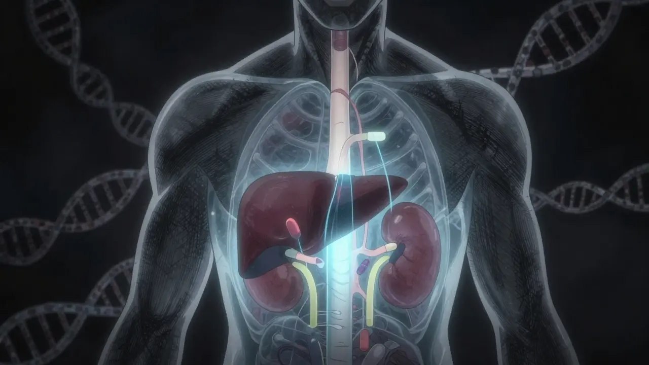 Translucent silhouette showing internal organs processing medication.