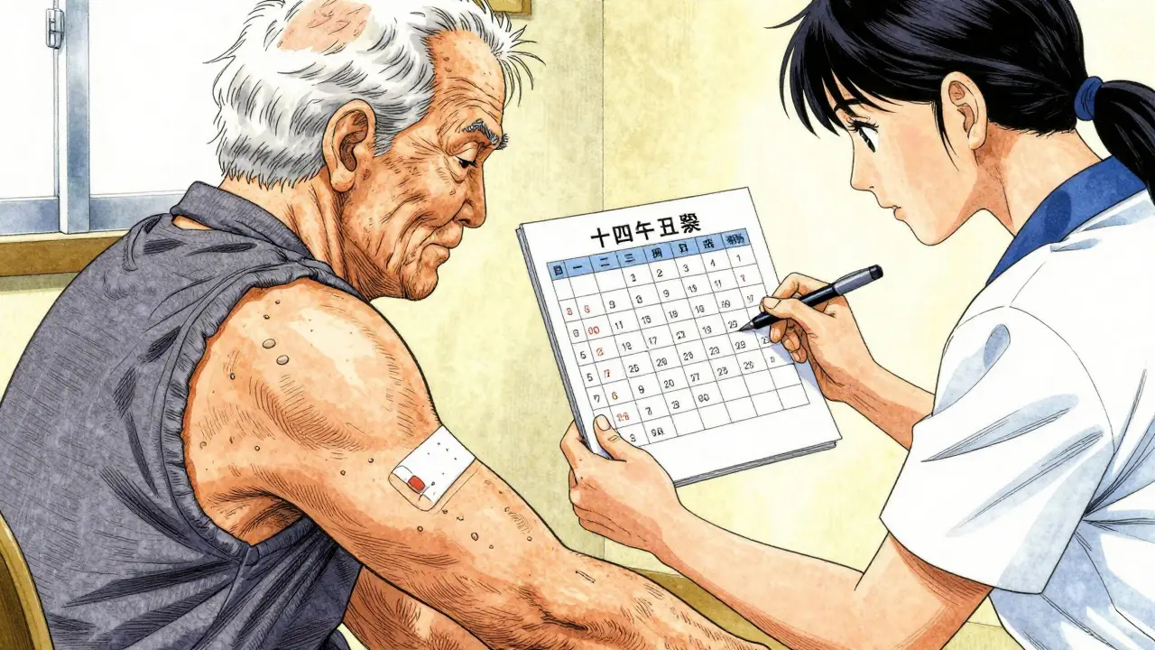 A caregiver helping an elderly person with a medication patch and a dosing calendar