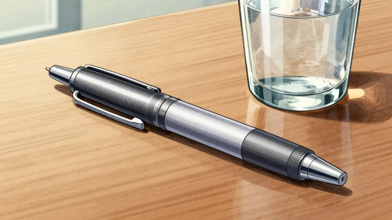 A connected insulin pen resting on a table in a precise ink and watercolor style