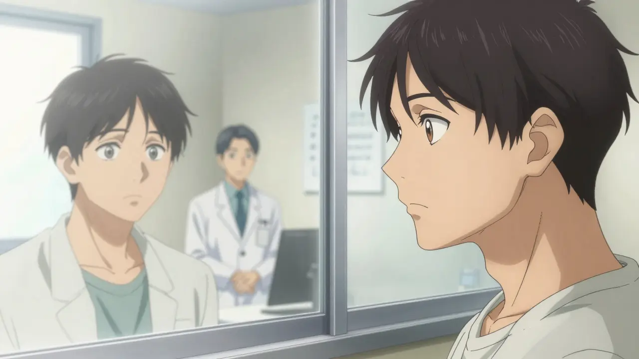 A patient looking thoughtfully in a mirror in a clinic, drawn in a realistic manga style.