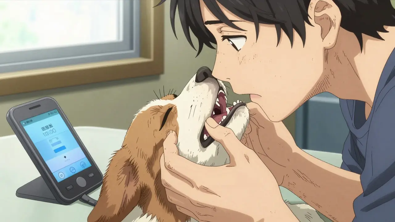 A person inspecting a pet's gums while calling a poison control center