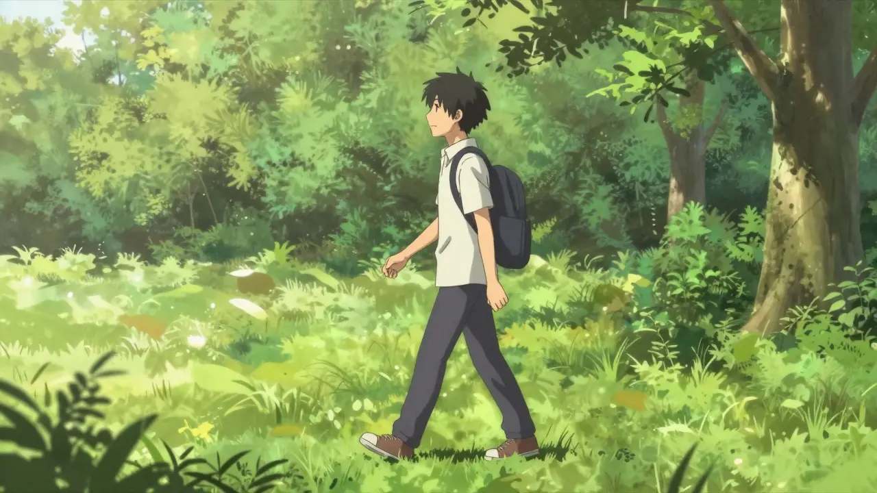 A person walking peacefully in a park after finding pain relief