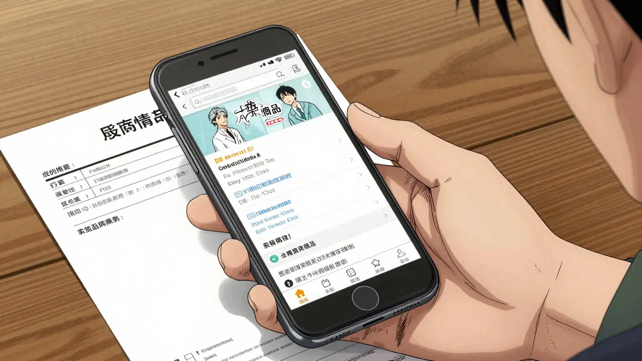 A smartphone and prescription on a table for online pharmacy ordering