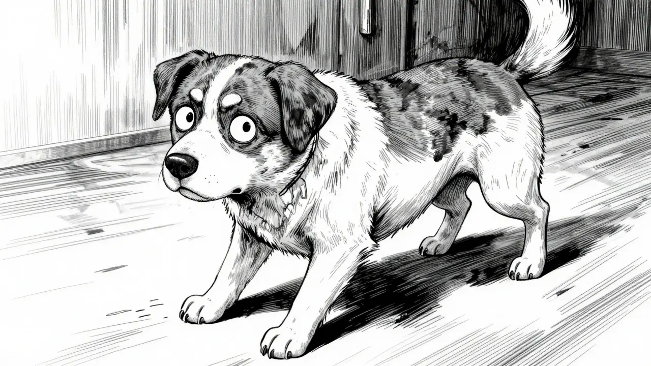 An agitated dog with dilated pupils and a disoriented expression