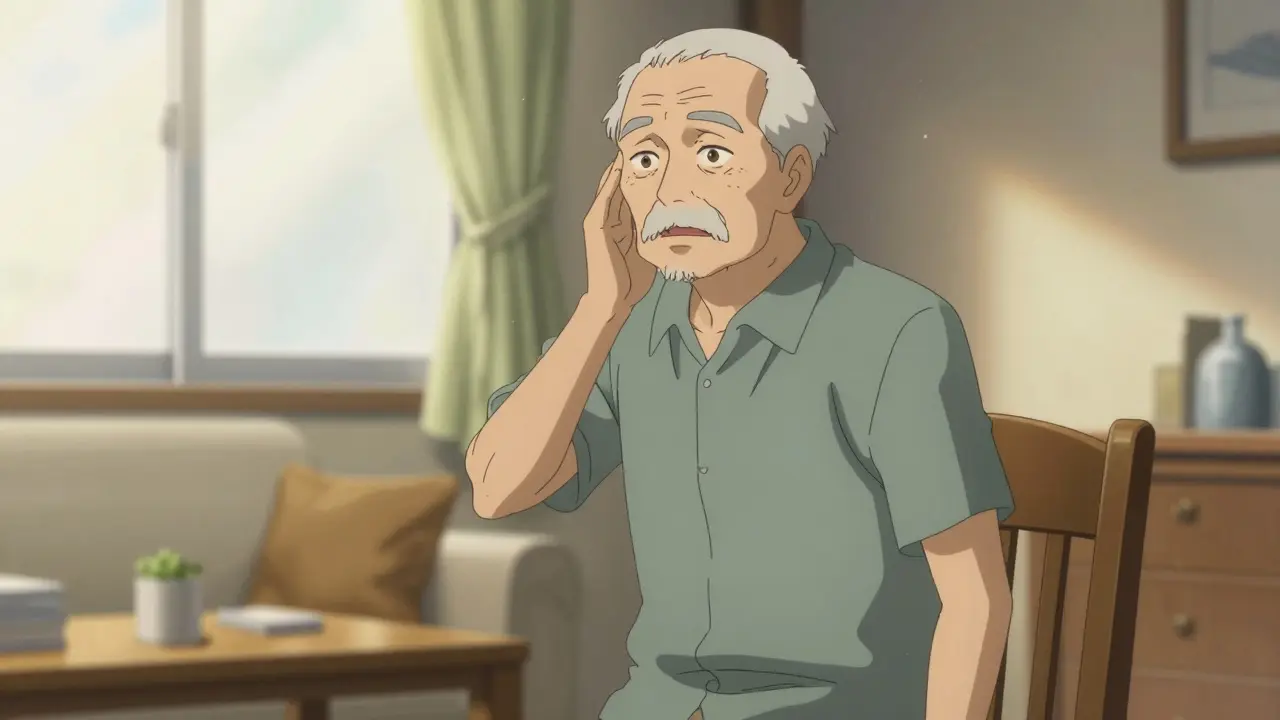 Anime scene of an elderly man slowly standing up from a chair in a sunlit room.