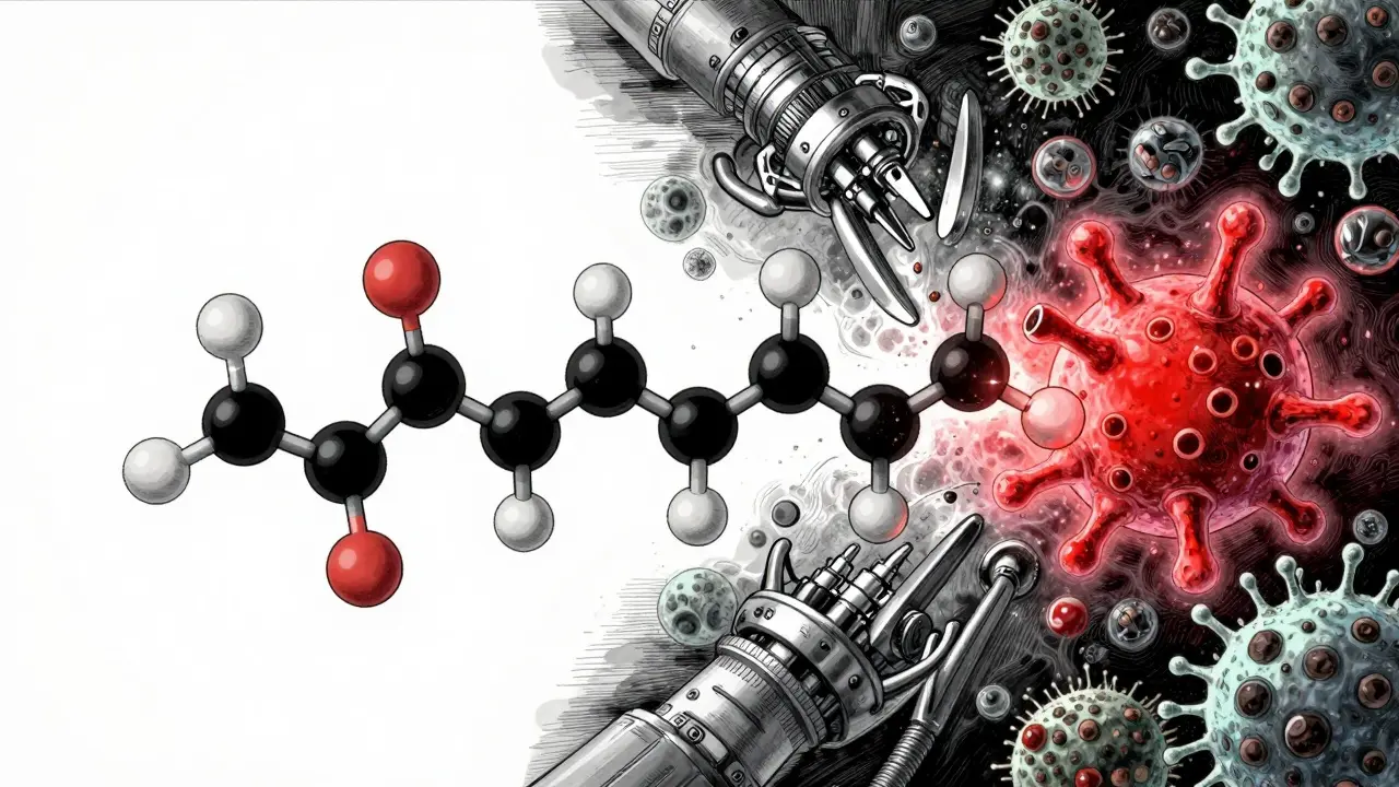 Conceptual art of bacterial enzymes transforming a medication molecule into a toxin