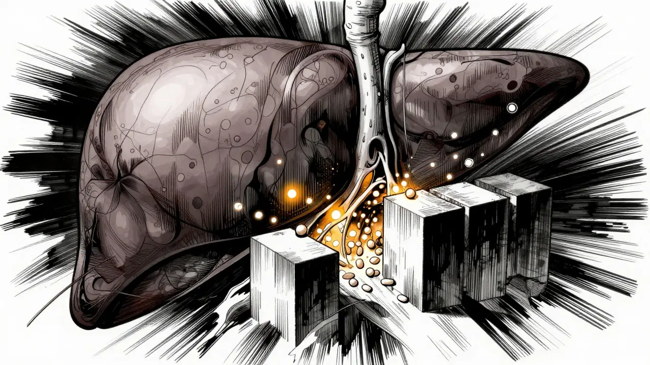 Conceptual illustration of the liver showing medication blockage in an anime style.