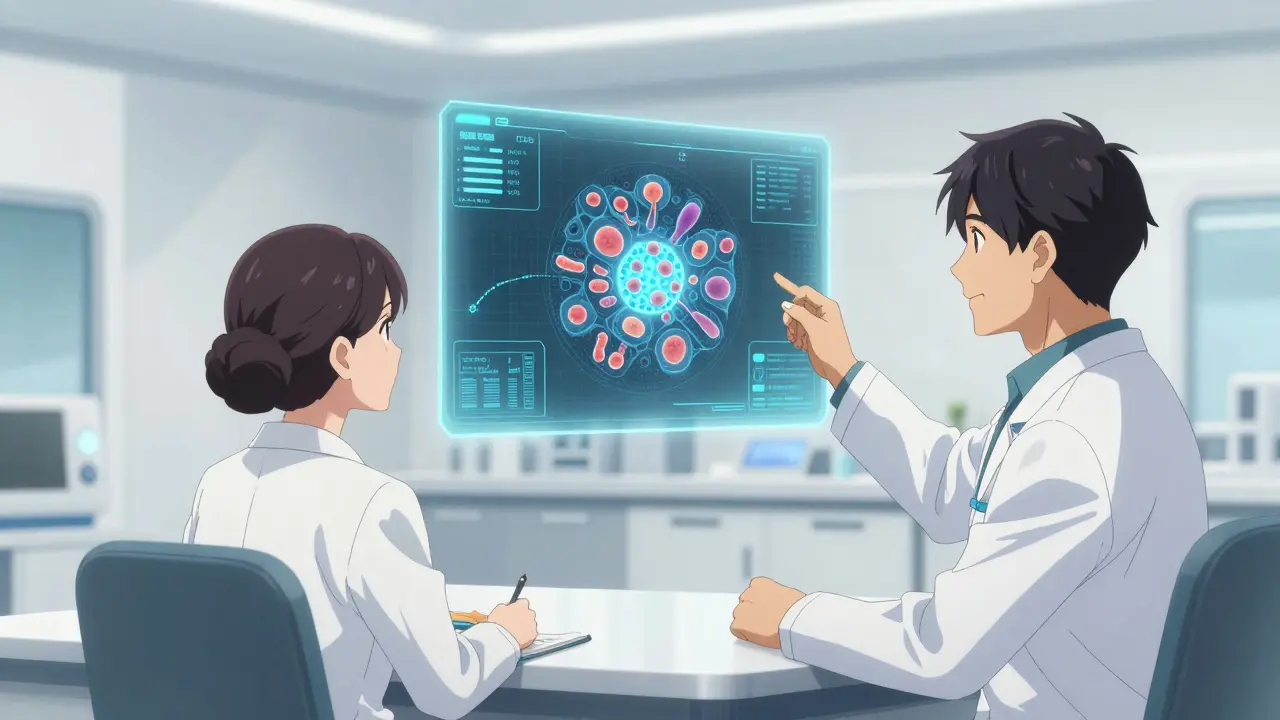 Doctor showing a patient a holographic map of their gut microbiome for precision dosing