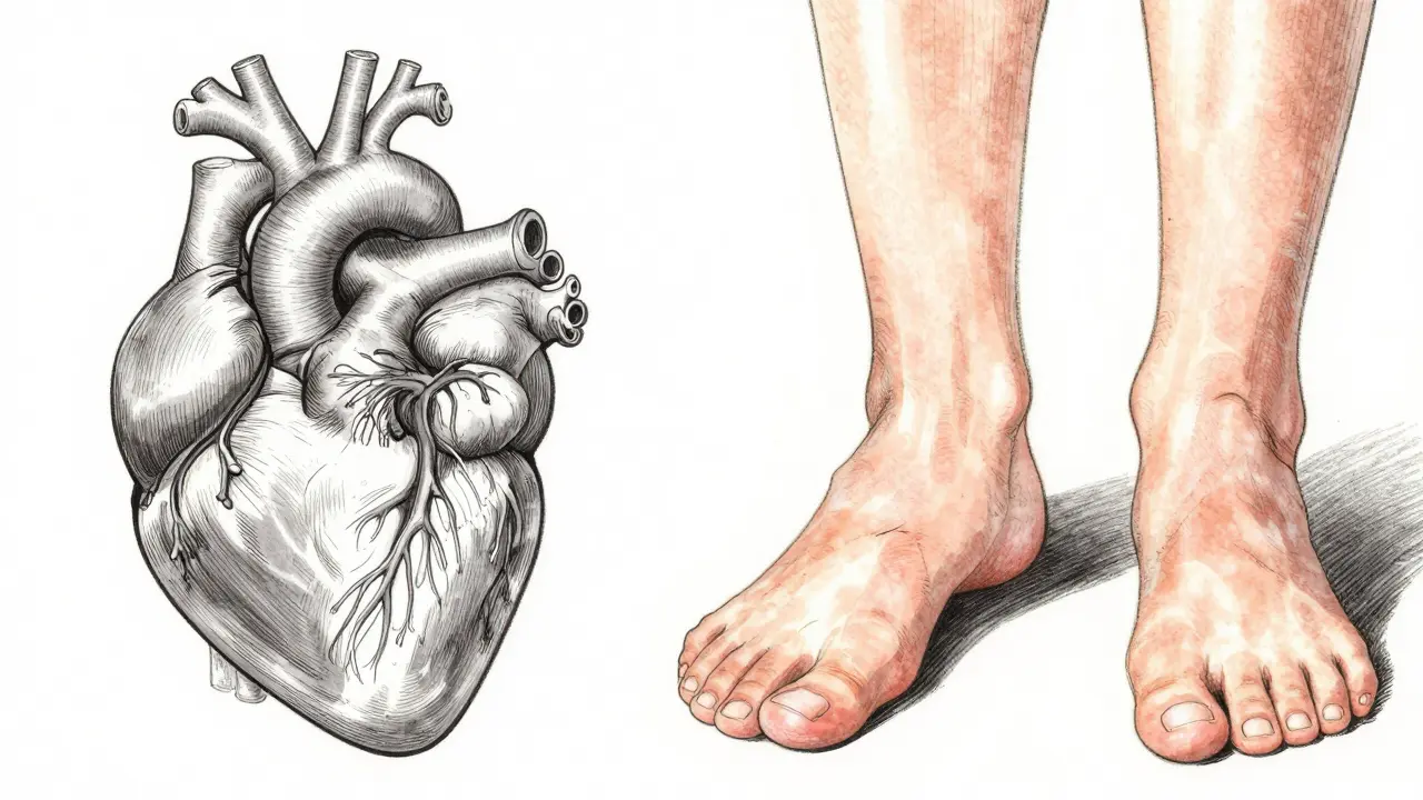 Manga art showing anatomical heart vessels and a close-up of swollen ankles.
