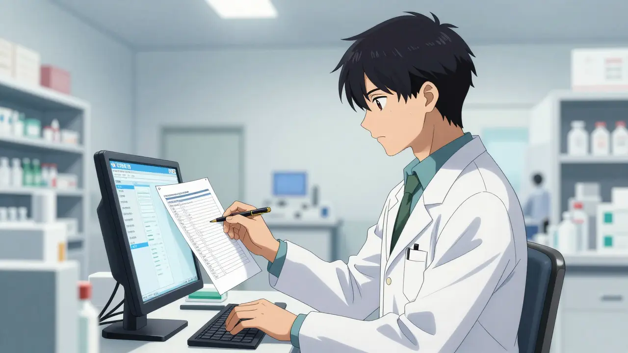 Pharmacist reviewing a prescription in a professional clinical setting