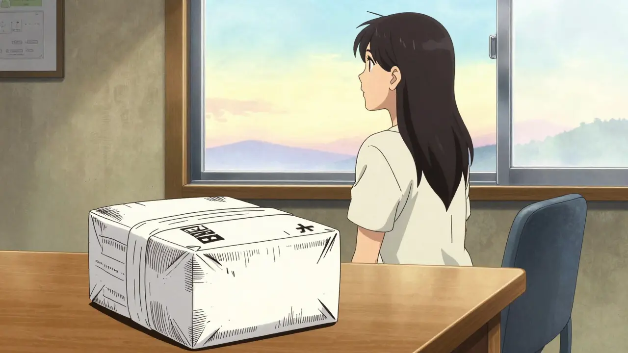 Woman looking out a window with a delivered medicine package on a table